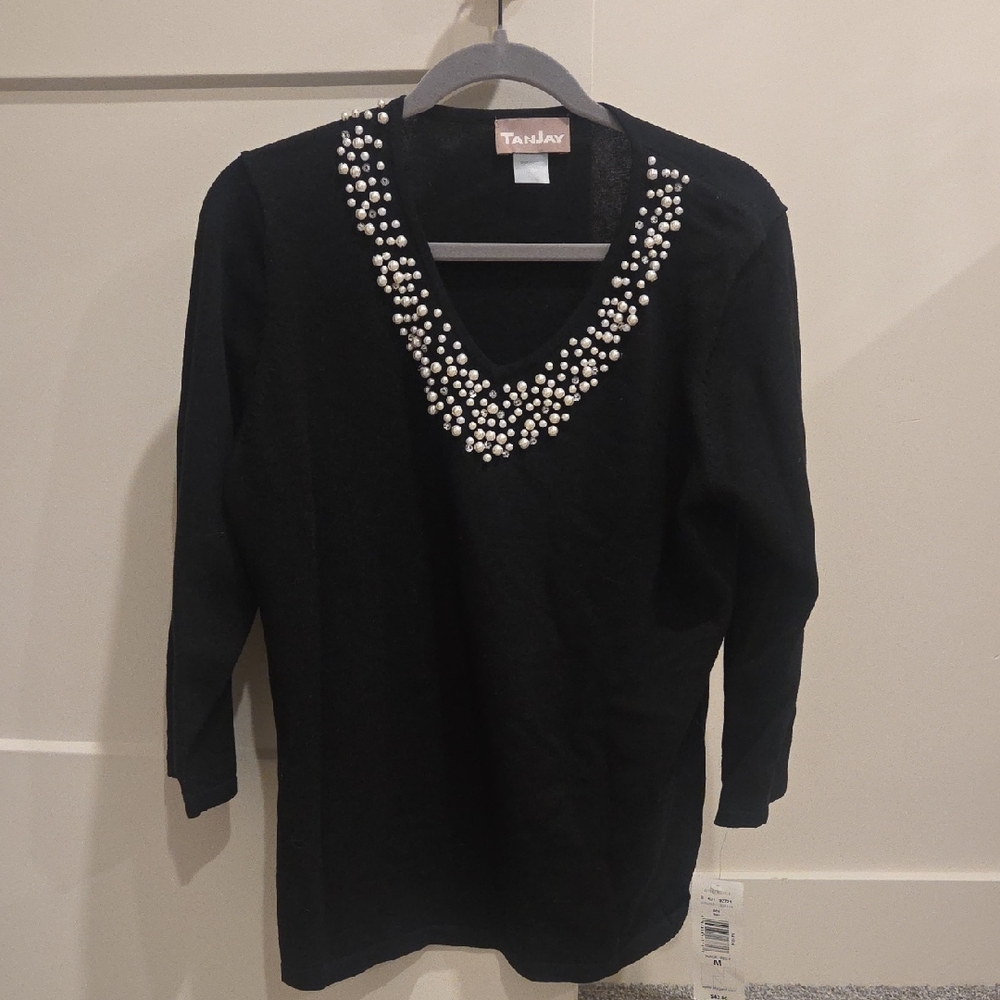TanJay Black V-Neck Sweater with White Beading